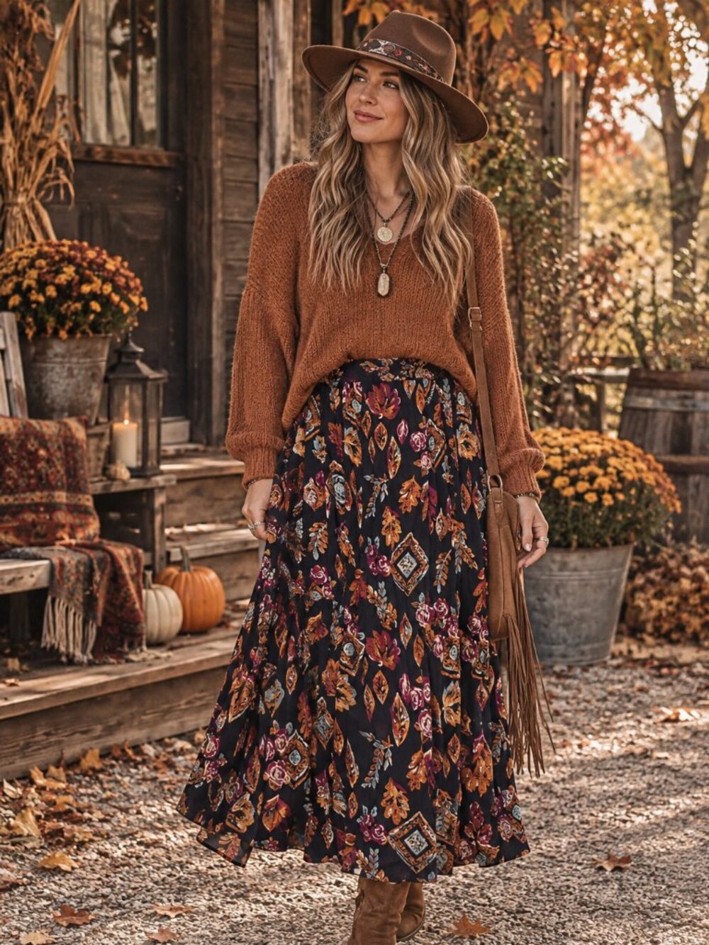 Vintage Fall Leaf Print Boho Skirt
